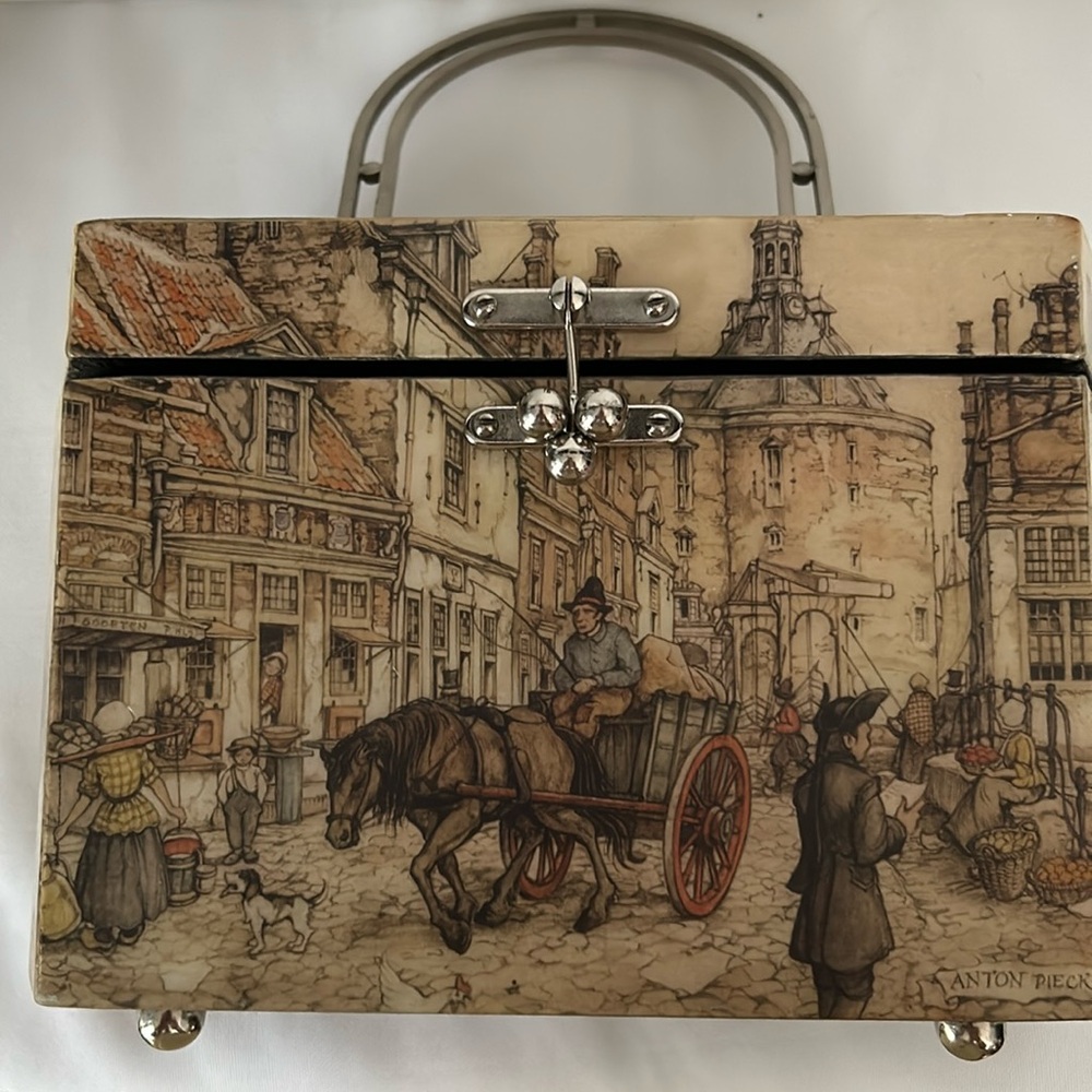 Signed Anton Peck Vintage Decoupage wooden box purse handbag w/ Victorian Scene